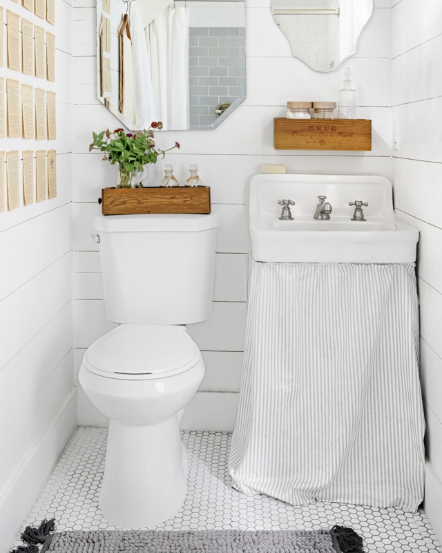 Powder Room Cottage Style with Skirted Sink and Shiplap Walls