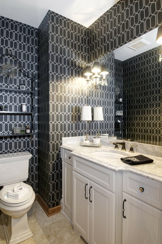 Powder Room Dramatic Dark Wallpaper Bathroom with Marble Countertop