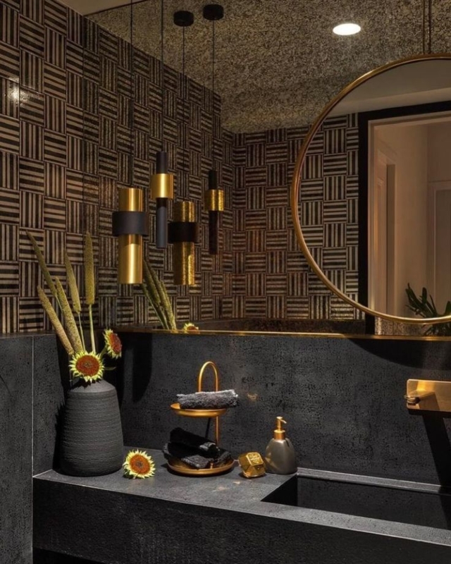 Powder Room featuring Geometric Basketweave Wall Tile and Integrated Sink
