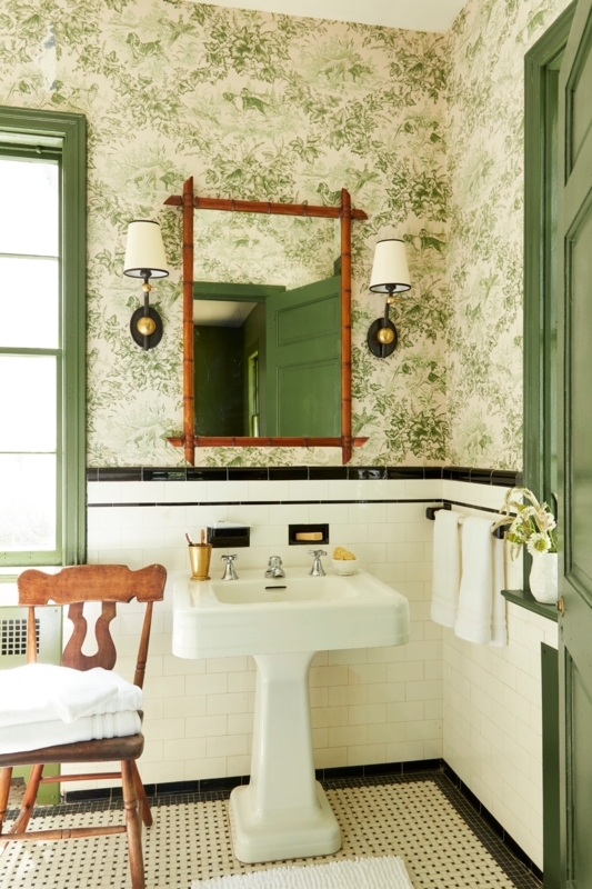 Powder Room Green Toile Wallpaper Bathroom with Bamboo Mirror