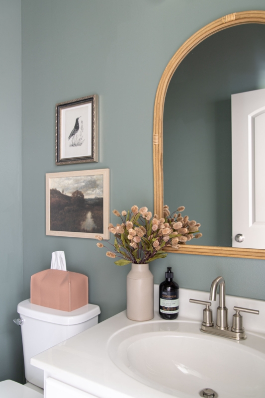 Powder Room Organic Modern Style with Arched Rattan Mirror