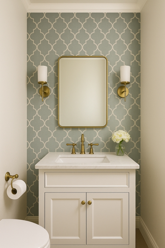 Powder Room Vanity with Blue Quatrefoil Wallpaper Accent Wall