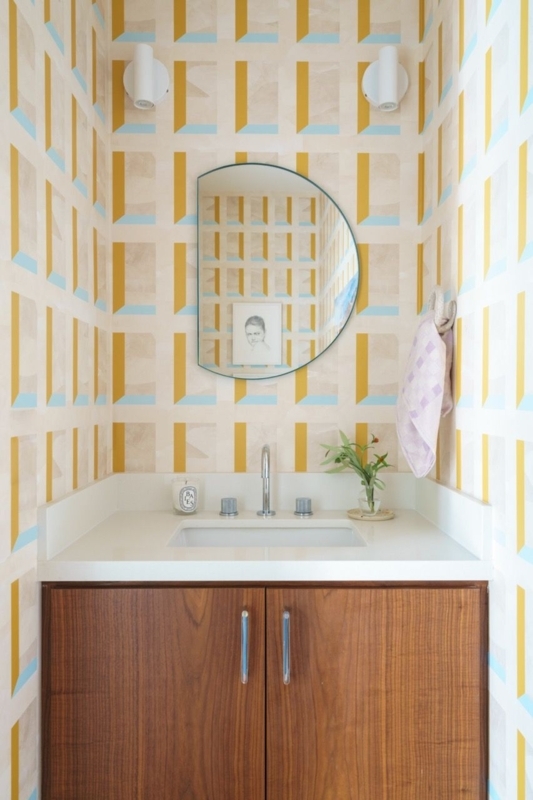 Powder Room Vanity: Wood Cabinet and 3D Geometric Wallpaper Design