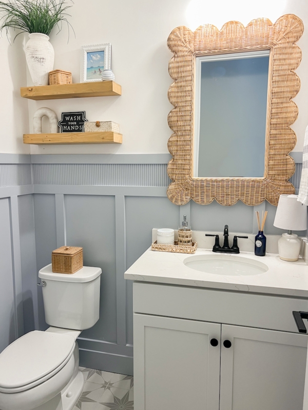 Powder Room with Scalloped Rattan Mirror & Paneling