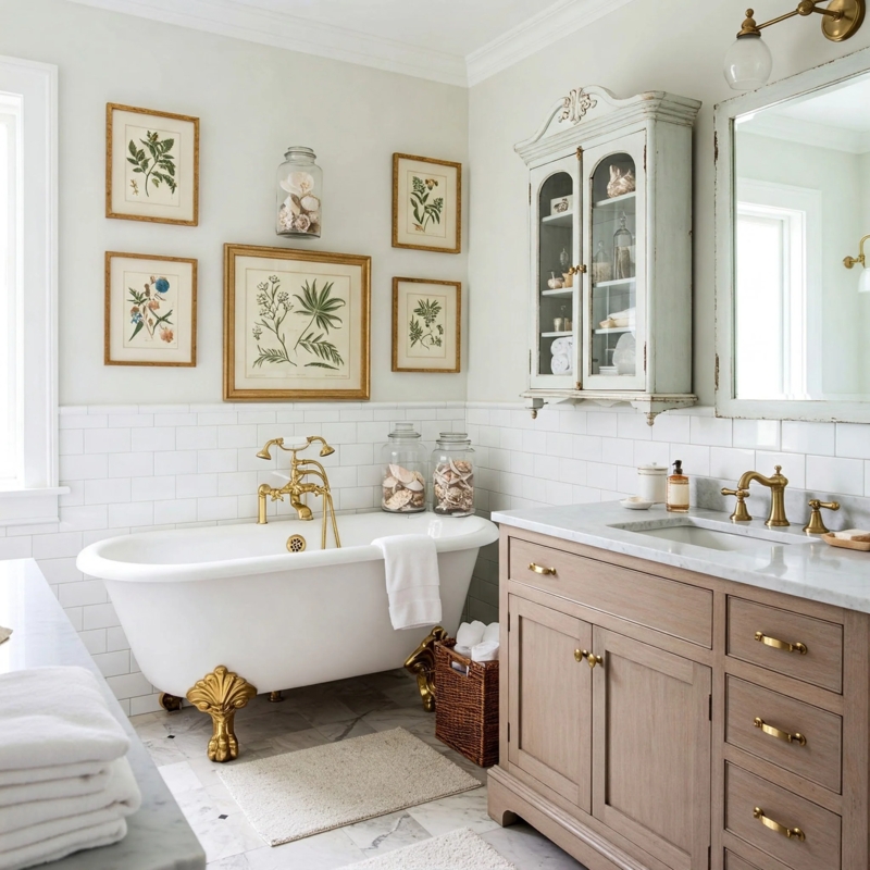 Preppy Bathroom Decor: Gold Clawfoot Tub and Botanical Art Gallery