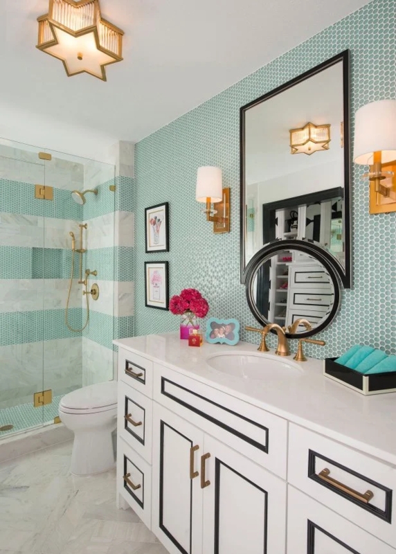 Preppy Glam Bathroom featuring mint green penny tile and black trim vanity.