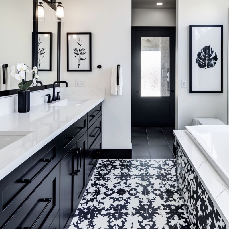 Primary Bathroom Patterned Floor Tiles, Matte Black. Bold Floor Tiles.