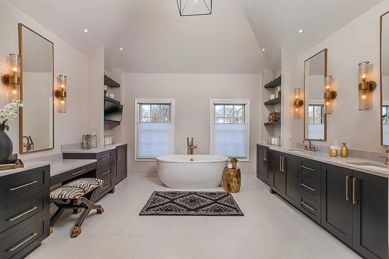 Primary Bathroom with Vaulted Ceiling & Charcoal Vanities