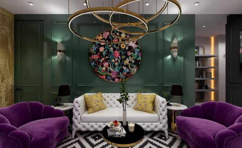 Purple Velvet Scalloped Accent Chairs in Emerald Paneled Living Room