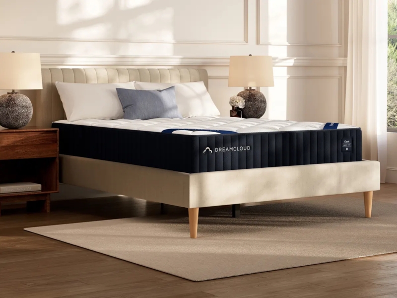 Quilted Top Mattress Navy Accents in Serene Bedroom, Platform Bed Styling