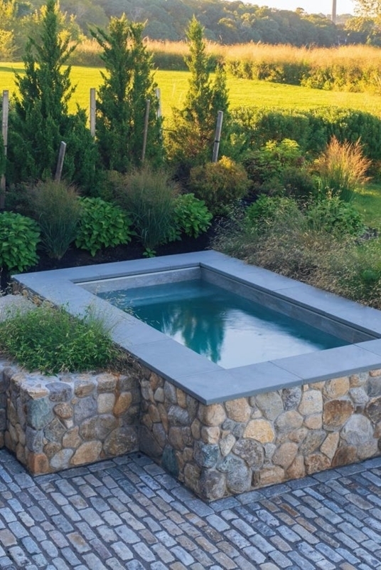 Raised Stone Plunge Pool with Cobblestone Surround