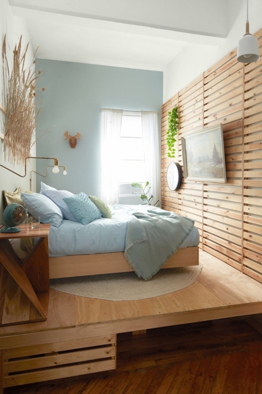 Raised Wooden Stage Platform Bed in Japandi Bedroom