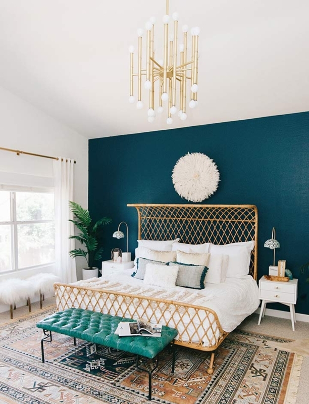 Rattan Bed Frame with Lattice Headboard & Juju Hat Wall Decor