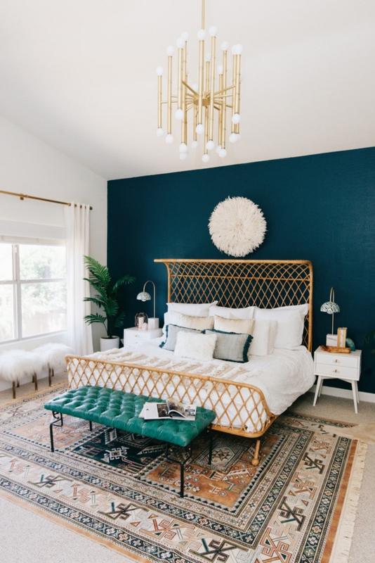 Rattan Bed Frame with Tufted Teal Bench and Boho Styling