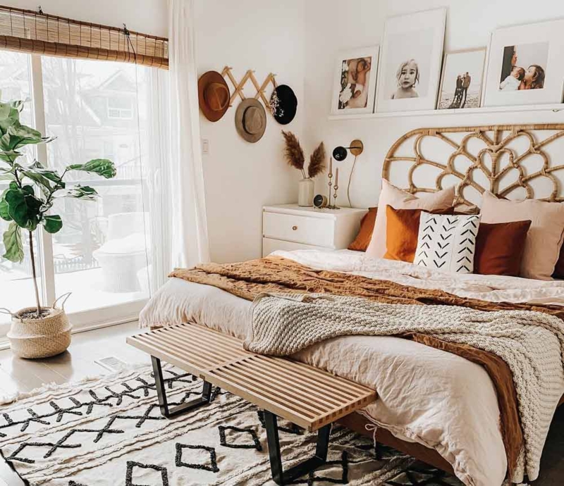 Rattan Headboard Bed with Accordion Wall Hat Rack