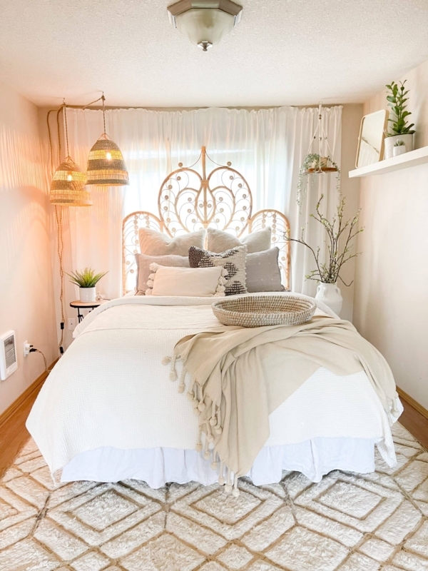 Rattan Peacock Headboard, Bohemian Style, Geometric Trellis Rug.