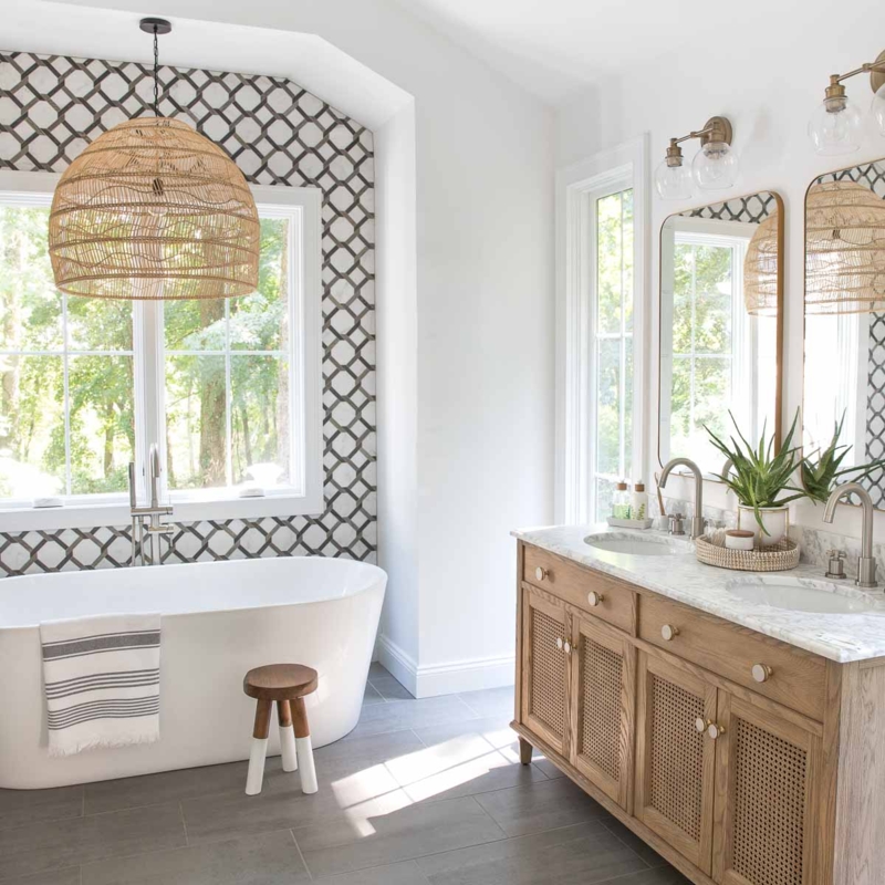 Rattan Pendant Light: Coastal Bathroom with Cane Vanity & Tub