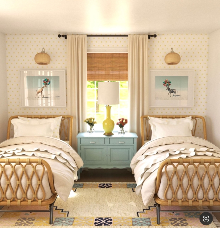 Rattan Twin Beds in a Polka Dot Wallpaper Bedroom