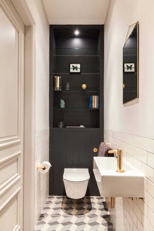 Recessed Bathroom Wall Storage Niche in Matte Black with Geometric Tile