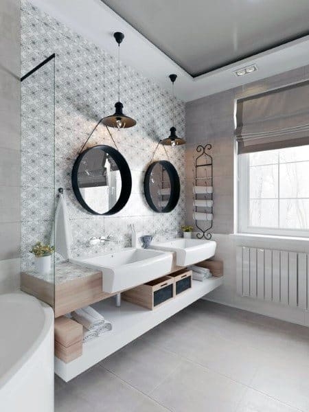 Recessed Grey Ceiling in Bathroom with Patterned Tile Wall