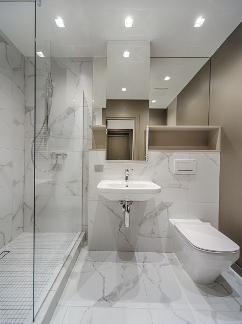Recessed Lighting: Marble Bathroom Design & Floating Sink