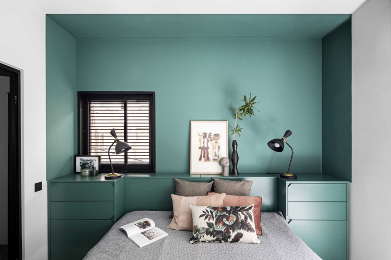 Recessed Teal Niche Bedroom with Integrated Bedside Storage