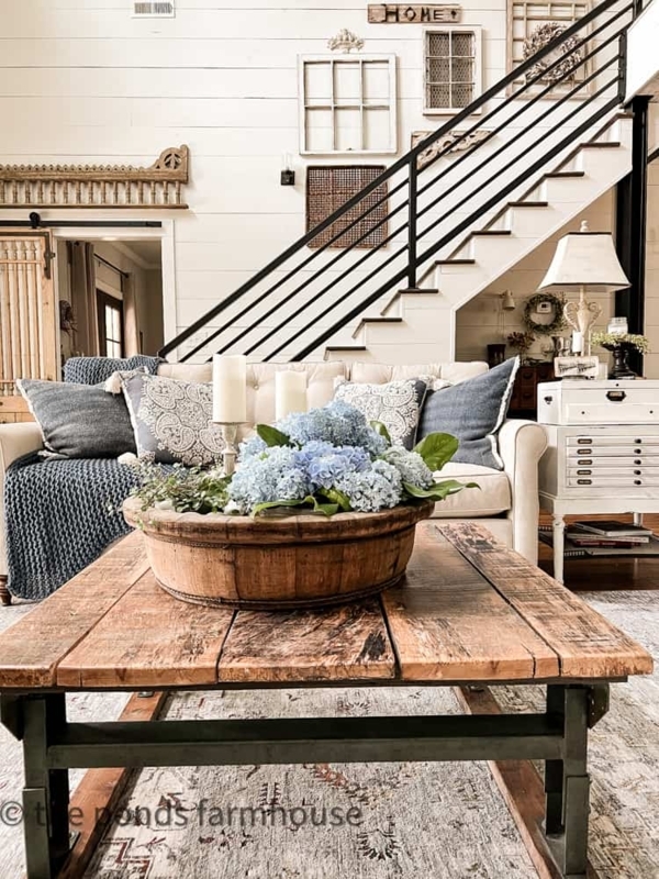 Reclaimed Plank Coffee Table, Blue Hydrangeas & Vintage Window Decor