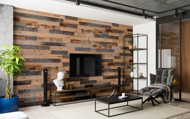 Reclaimed Wood Accent Wall Ideas for Industrial Living Room