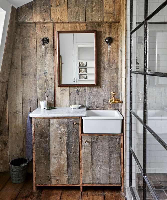 Reclaimed Wood Bathroom Vanity with Brass Wall Mounted Tap