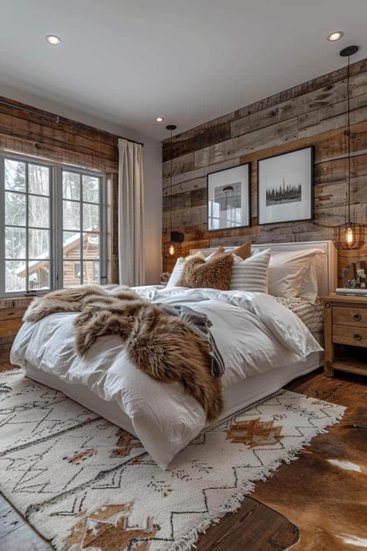 Reclaimed Wood Bedroom Accent Wall with Plush Faux Fur Bedding