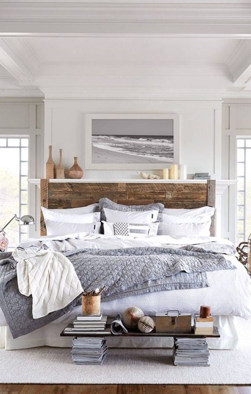 Reclaimed Wood Headboard with Coffered Ceiling and Mantel Shelf