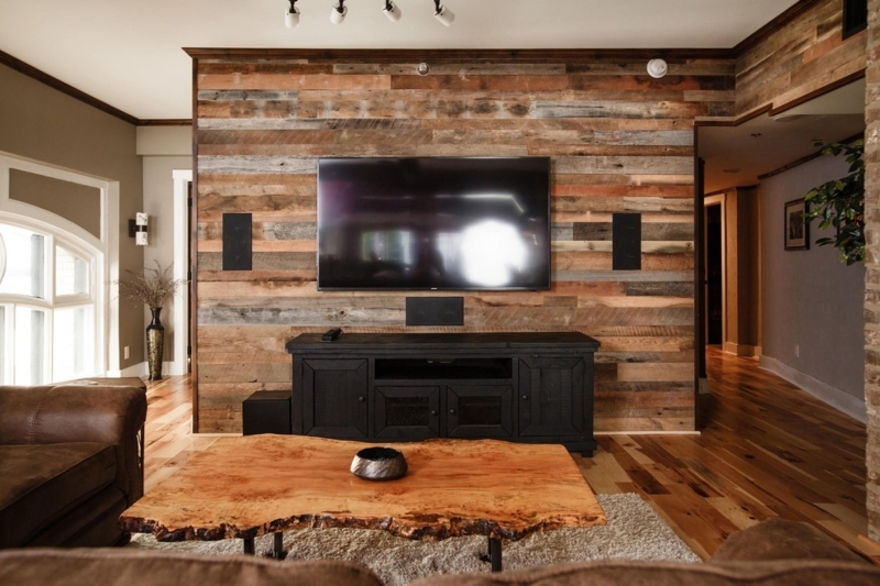Reclaimed Wood Wall Paneling with Live Edge Coffee Table