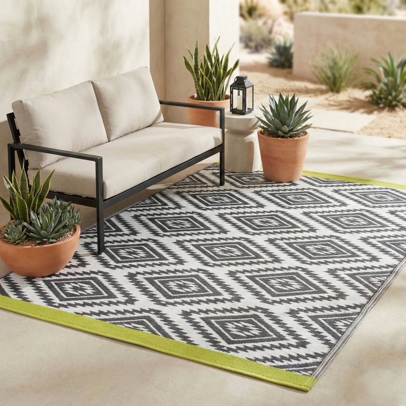 Recycled Plastic Outdoor Rug Teal Geometric Pattern Waterproof Garden