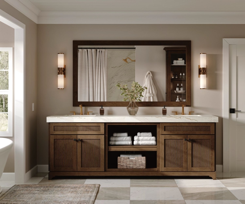 Reeded Wood Double Vanity with Open Shelving & Gold Accents