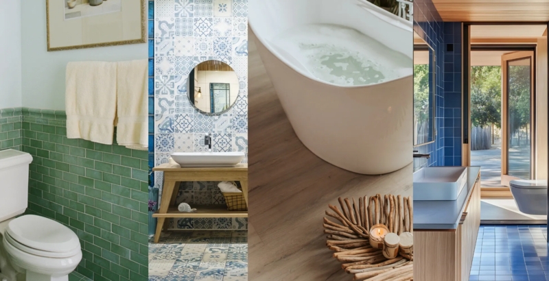 Refreshing Wooden Vanity with Vibrant Blue Geometric and Green Subway Tile