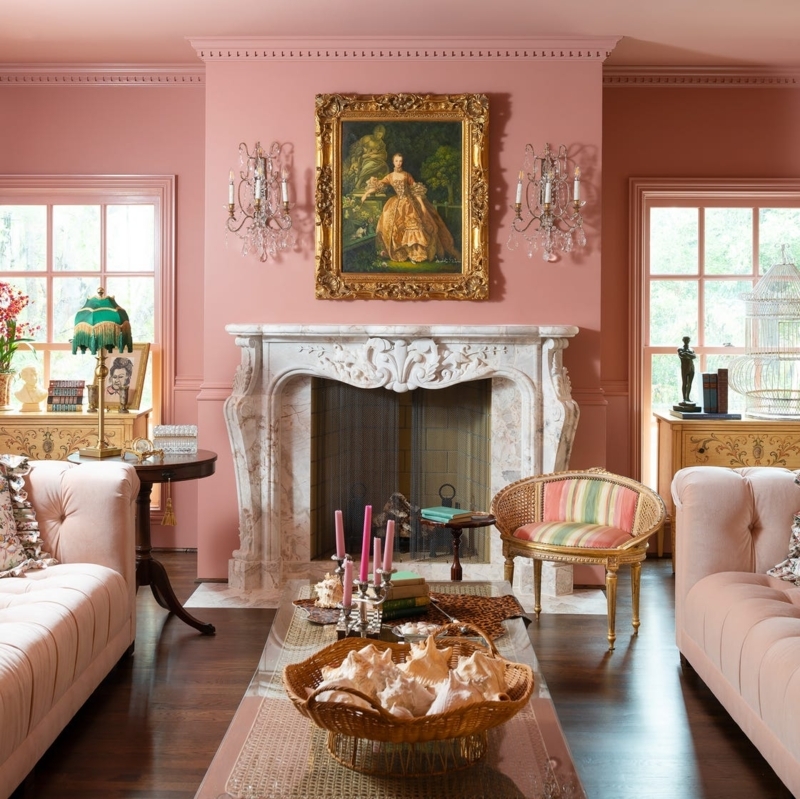 Regency Core Living Room with Pink Walls and Marble Mantel