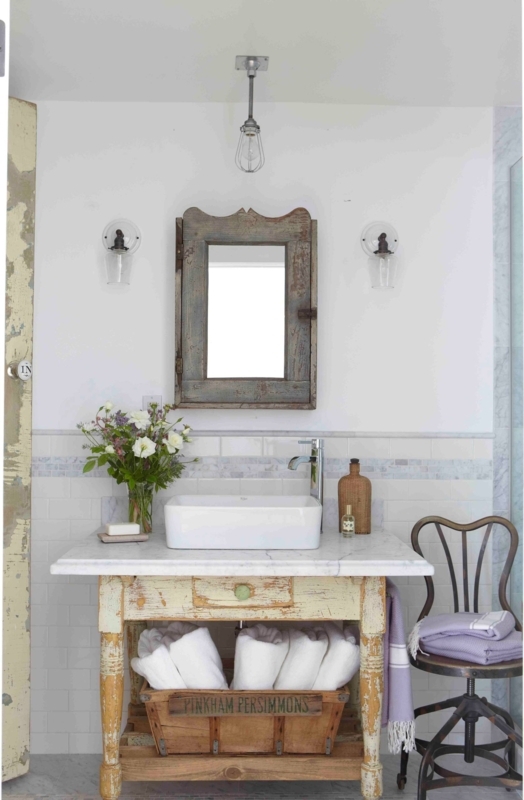 Repurposed Antique Table Vanity with Distressed Yellow Finish