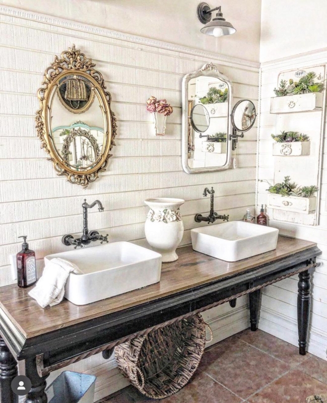 Repurposed Console Vanity with Vessel Sinks and Mismatched Mirrors