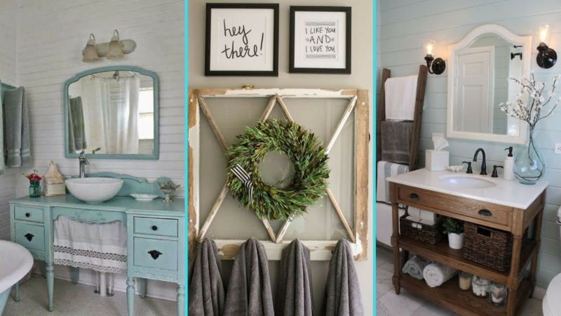 Repurposed Desk Vanity with Vintage Window Decor and Shiplap