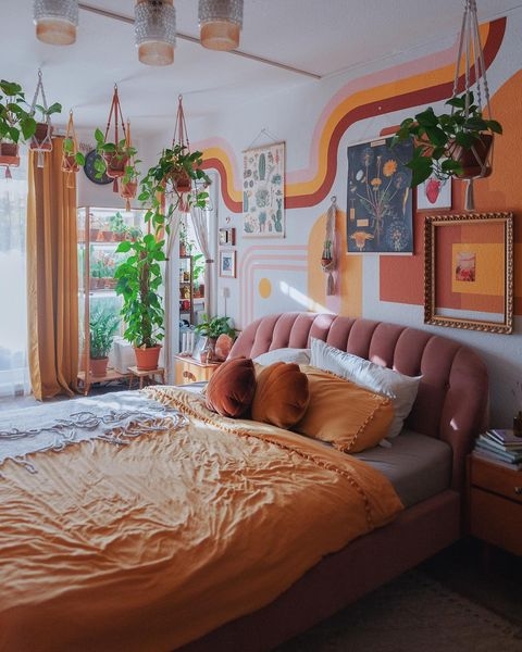 Retro Wavy Geometric Wall Mural with Pink Channeled Headboard
