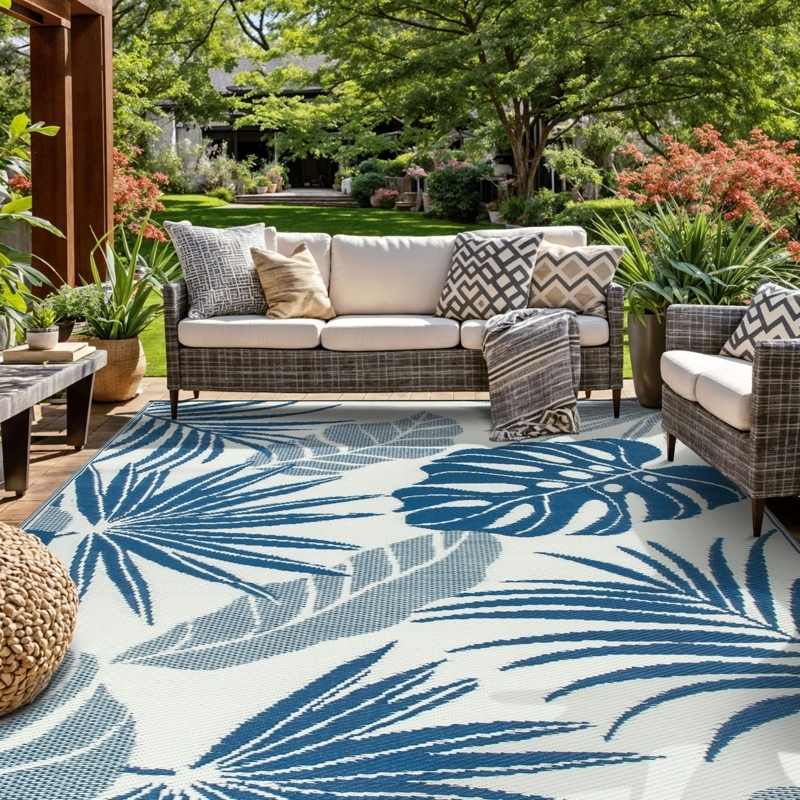 Reversible Area Rug Teal Tropical Leaf Outdoor Concepts