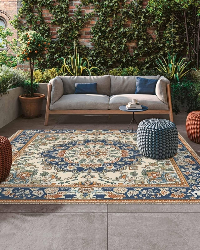 Reversible Outdoor Area Rug Bold Southwestern Motif Navy Blue Boho