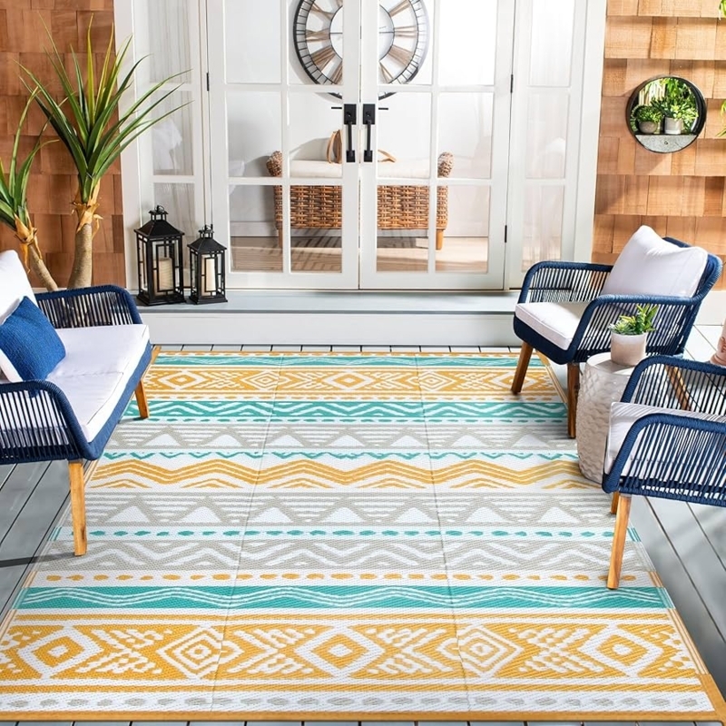 Reversible Outdoor Area Rug Navy Yellow Geometric Trellis Patio Living