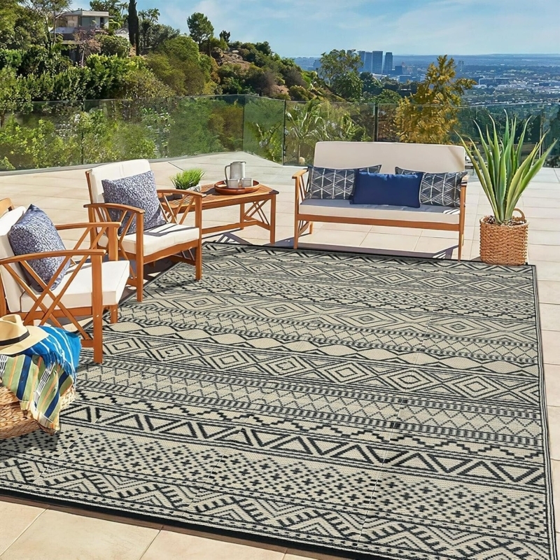 Reversible Outdoor Rug Black Beige Geometric Diamond Patio Mat