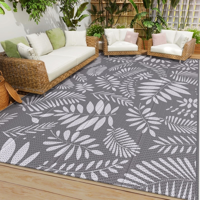 Reversible Outdoor Rug Gray Diamond Pattern Waterproof Patio Area Rug
