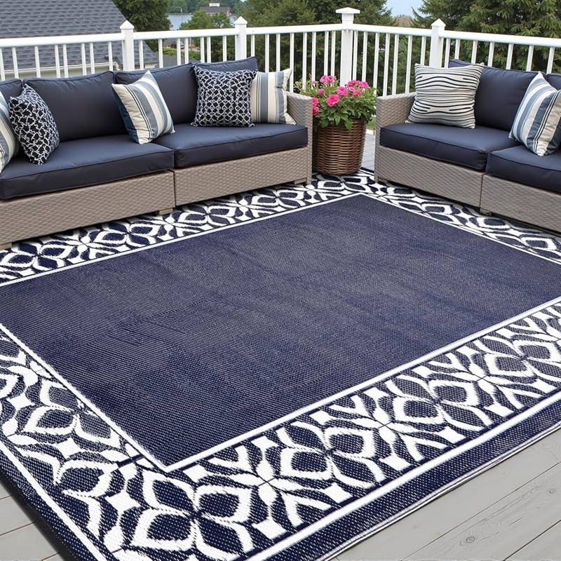 Reversible Outdoor Rug Navy Geometric Cross Pattern Waterproof Patio Mat