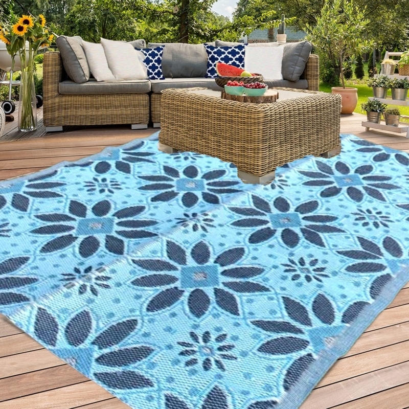 Reversible Outdoor Rug with Medallion Design, Coastal Blue Patio Rug