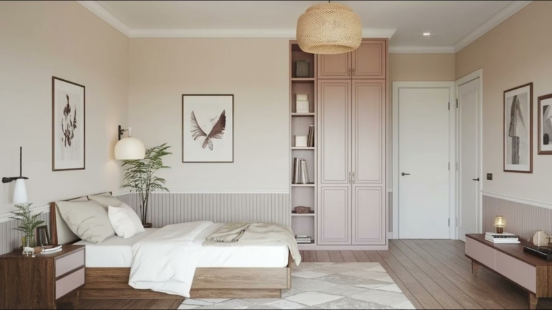 Ribbed Paneling and Blush Accents in Japandi Bedroom