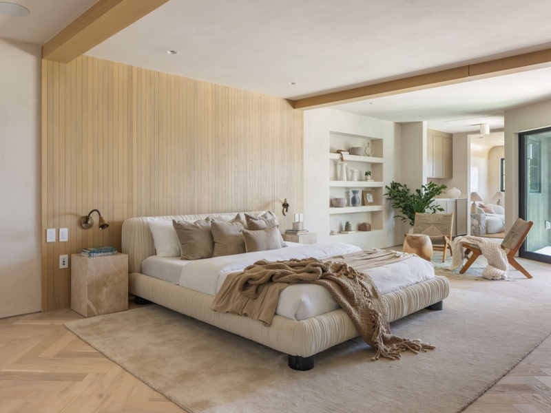 Ribbed Platform Bed and Vertical Slat Wall in Organic Modern Bedroom