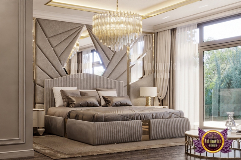 Ribbed Upholstered Bed Design with Geometric Padded Wall and Gold Accents